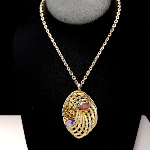 Vintage Germany Gold Tone Swirl Pendant Necklace Red AB Rhinestones 1960s - Picture 3 of 10